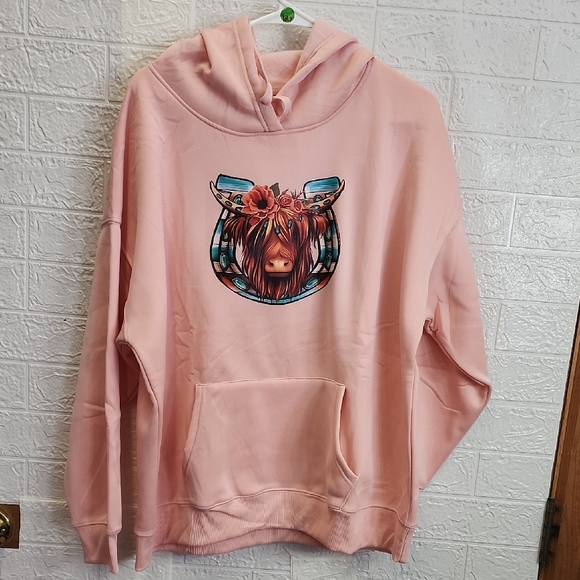 Tops - Pink Hoodie with Highland Cow Graphic